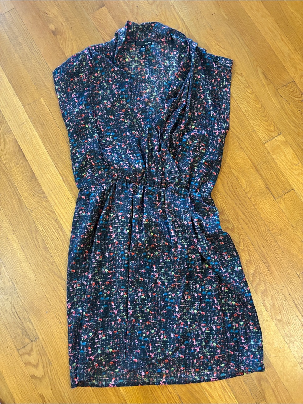 Aqua Black Floral Print Mini Dress with Pink & Blue Accents
